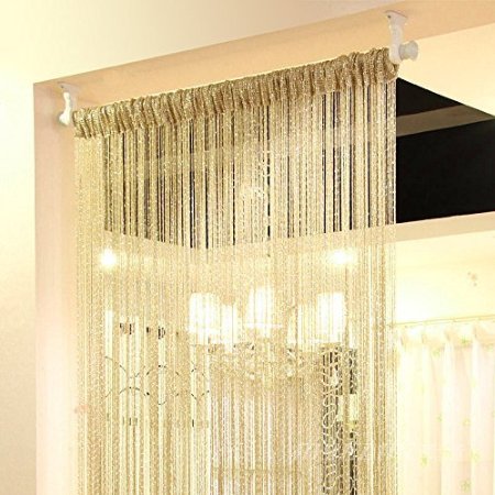 Eyotool 1x2 M Door String Curtain Rare Flat Silver Ribbon Thread Fringe Window Panel Room Divider Cute Strip Tassel for Wedding Coffee House Restaurant Parts Champagne