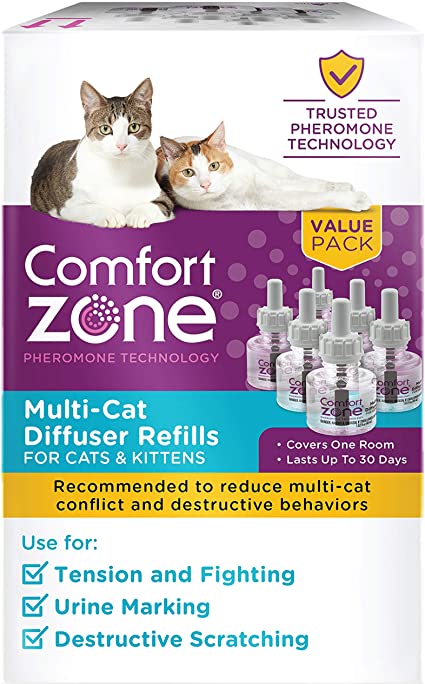 Comfort Zone MultiCat Calming Diffuser Refill Only, New 2X Pheromones for Cats Formula, 6 Pack