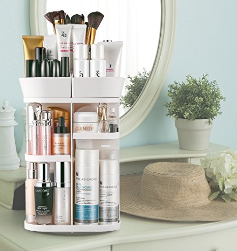 Jerrybox Makeup Organizer 360-Degree Rotating Adjustable Multi-Function Cosmetic Storage Box, Compact Size with Large Capacity, Fits Different Types of Cosmetics and Accessories, White