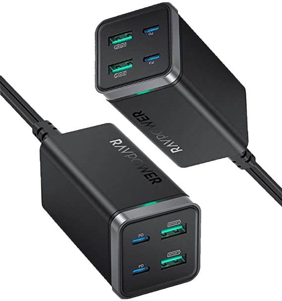 USB C Charger RAVPower 65W 4-Port Desktop USB Charging Station with 2 USB C   2 USB A Ports for MacBook Pro/Air, Dell XPS 13, iPad Pro, iPhone, Nintendo Switch, Galaxy and More - 2 Pack