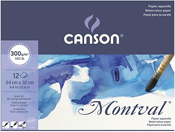 Canson Montval 300gsm watercolour practice paper pad including 12 sheets, size:24x32cm, natural white and Cold Pressed (Not)