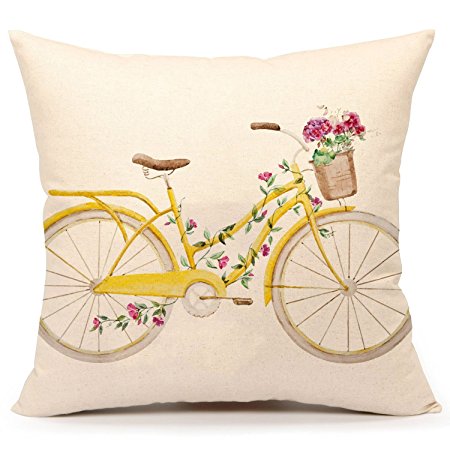 Watercolor Retro Bicycle and Flowers Vintage Home Decor Design Throw Pillow Cover Pillow Case 18 x 18 Inch Cotton Linen for Sofa (yellow)