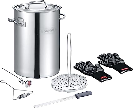 CONCORD Heavy Duty Stainless Steel Turkey Fryer Kit with Rack, Slicer, Hook, Thermometer, and heat proof gloves. Also great for Seafood Boil, Crawfish Boil, and more (Turkey Fryer Kit)