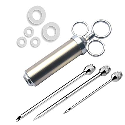 Hotloop Stainless Steel Meat Injector, Flavor Injector Syringe Kit with 2-oz Large Capacity Barrel & 3 Marinade Needles for Turkey, Pork Loin, Beef, Bratwurst, Hot Dogs, Cupcakes or other Desserts