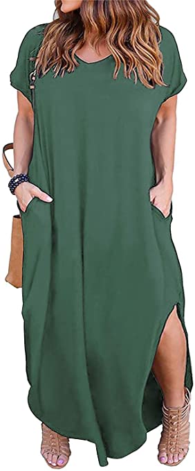 Nemidor Women's Casual Loose Pocket Long Dress Short Sleeve Plus Size Slit Maxi Dress