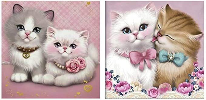 Cute Kitten Diamond Painting Kits - pigpigboss 2 Pack 5D DIY Full Round Diamond Painting by Numbers for Kids Cat Diamond Dot Set for Adults Home Decor Art Gift (11.8 x 11.8 inches)