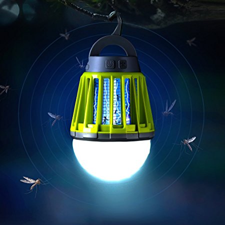 Enkeeo 2-in-1 Mosquito Repellent Camping Lantern Tent Light - Portable IPX6 Waterproof Insect Killer Zapper LED Lantern with 2000mAh Rechargeable Battery, Retractable Hook, Removable Lampshade, Green