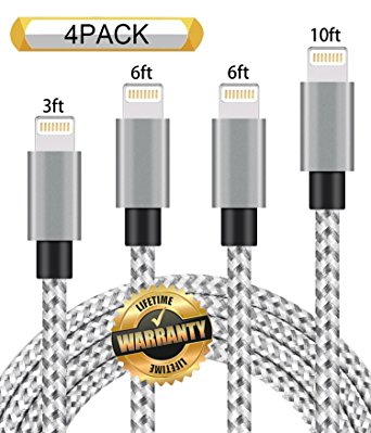GUIGUI iPhone Cable 4Pack 3FT 6FT 6FT 10FT, Extra Long Nylon Braided Charging Cord Lightning Cable to USB Charger for iPhone 7, 7 Plus, 6S, 6, SE, 5S, 5, iPad, iPod Nano 7 - GreyWhite