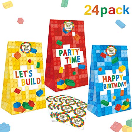 24 Packs Building Blocks Goodie Candy Treat Bags, Color Bricks Theme Building Block Party Supplies, Kids Birthday Party Favor Bags, Including Thank You Stickers