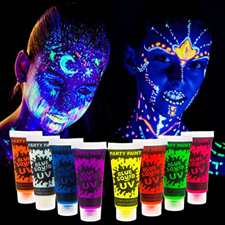 Blue Squid UV Glow in the Dark Face & Body Paint - 8 x 10ml Black Light Reactive Neon Liquid Paints