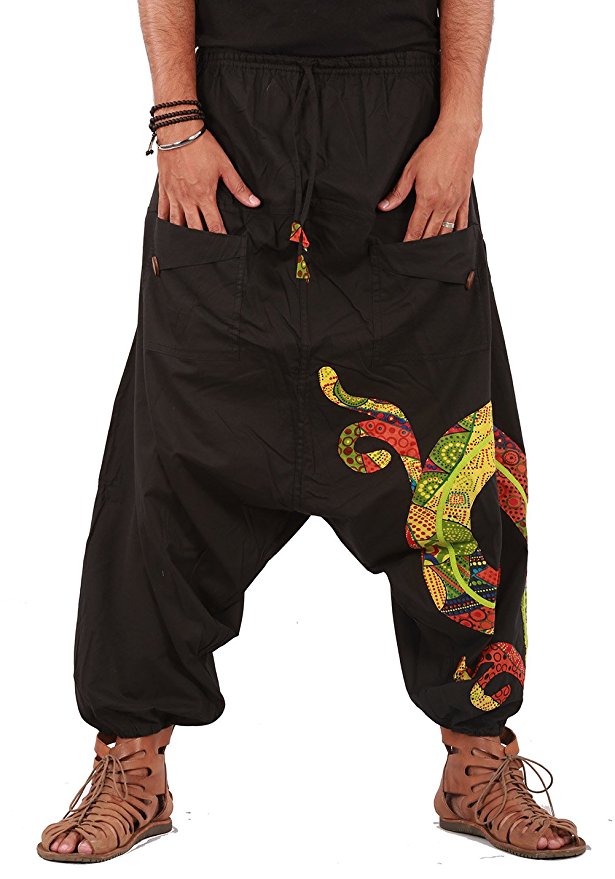 THS Mens Boho Hippie Cotton Baggy Wide Leg Handmade Harem Pants - Patchwork Design