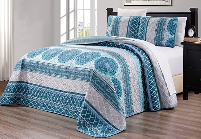 3-Piece Oversize (115" X 95") Fine Printed Prewashed Quilt Set Reversible Bedspread Coverlet (California) Cal King Size Bed Cover (Turquoise Blue, Grey, White, Navy)