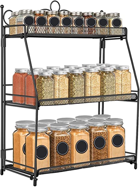 G-TING Spice Rack Organizer for Countertop, 3-Tier Foldable Seasoning Rack, Non-Slip Countertop Spice Rack for Kitchen Bathroom Countertop