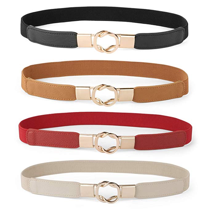 Women Skinny Belt for Dresses Retro Stretch Ladies Waist Belt Plus Size Set of 4, Fits Waist 26-32 Inches, C-Black Brown Beige Red