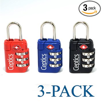 Ceptics 3 Pack Luggage Locks TSA Approved Travel Security Combination Padlocks - Black, Red, Blue