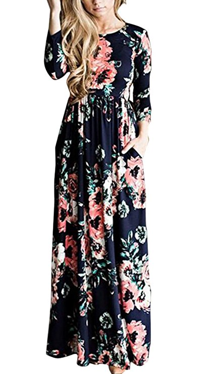 Pxmoda Women's Fashion Spring 3/4 Sleeve Classic Rose Maxi Dresses