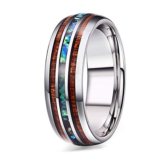 Adramata 8mm Titanium Wedding Band Rings for Men Wood Abalone Ring Comfort Fit Size 7-14