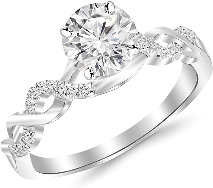 0.5 Carat Twisting Infinity Gold and Diamond Split Shank Pave Set Diamond Engagement Ring with a 0.35 Carat J-K I2 Center