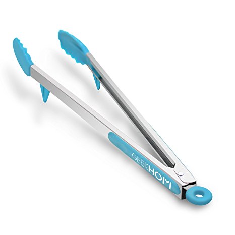 GEEKHOM 16 Inch Extra Long Tong, BBQ Grilling Silicone Tong, Stainless Steel Cooking Serving Tong with Locking Head and Built-in Stand Non-slip for Barbecue, Salad, Kitchen, Baking (Blue)