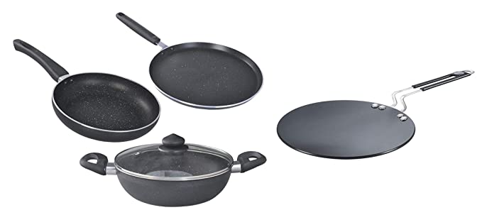 Prestige Omega Deluxe Granite 3 Pcs with 1 Glass Lid & Hard Anodised Plus Cookware Induction Base Roti Tawa, 225mm, Black Combo
