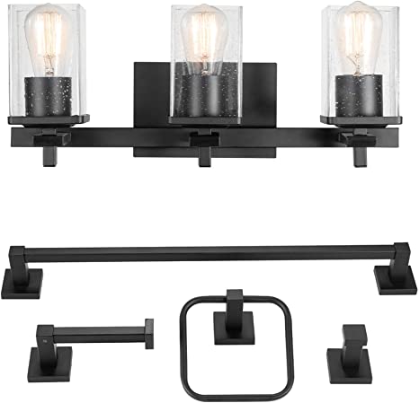 Globe Electric 51634 Dakota 5-Piece All-in-One Bathroom Set 3 Vanity Light with Seeded Glass Shades, Bar, Toilet Paper Holder, Towel Ring, Robe Hook, Matte Black