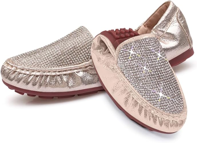 KUNWFNIX Women's Flat Dress Shoes Foldable Slip on Sparkly Rhinestone Loafer Shoes Round Toe Low Wedge Wide Ballet Flats