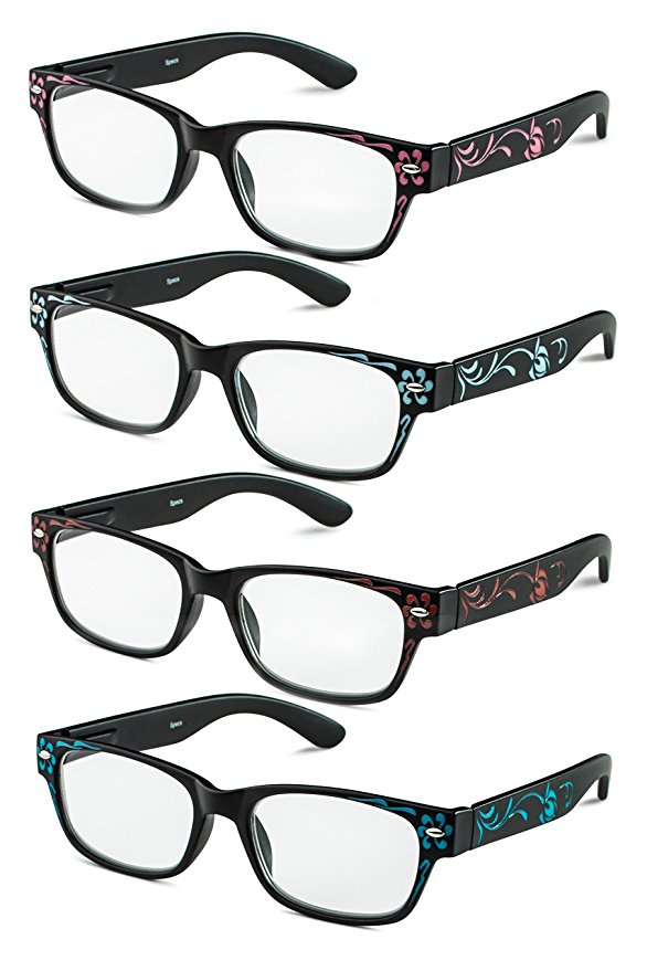 Specs Rectangular Reading Glasses, Floral Designs, Four Pack, All Magnification Strengths