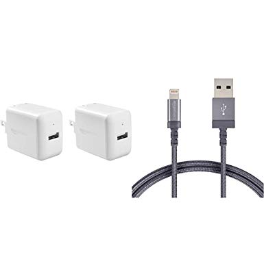 AmazonBasics One-Port USB Wall Charger for Phone, iPad, and Tablet, 2.4 Amp, White, 2 Pack & Nylon Braided Lightning to USB A Cable, MFi Certified iPhone Charger, Dark Grey, 3-Foot