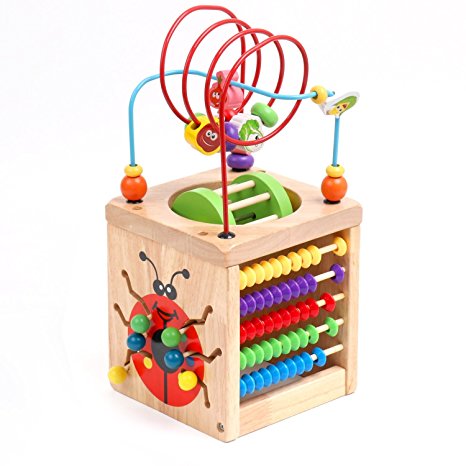 6 in 1 Wooden Activity Cube Bead Maze Multipurpose Educational Toy Wood Shape Color Sorter for Baby's & Toddlers