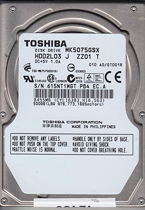 Toshiba MK5075GSX Hard Drive 500GB 2.5" SATA 5.4K 5400 RPM.