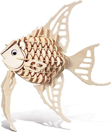 Puzzled 3D Puzzle Angel Fish Wood Craft Construction Model Kit, Fun Unique & Educational DIY Wooden Toy Assemble Model Unfinished Crafting Hobby Puzzle to Build & Paint for Decoration 130 Pieces Pack