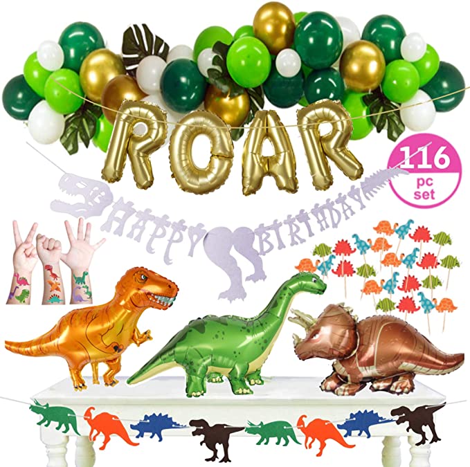 116pc Dinosaur Party Supplies - Decorations Set – 3 Big 33" Jurassic Park & Gold ROAR Foil Balloons, Cupcake Toppers & Tattoo Stickers, Jungle Theme Balloon Garland (GOLD)