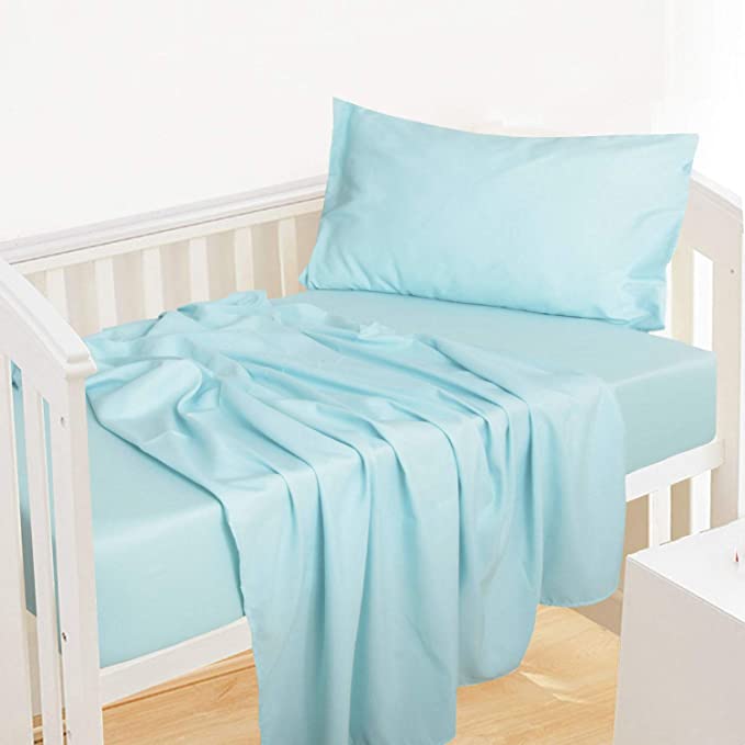 NTBAY 3-Piece Microfiber Toddler Sheet Set, Solid Crib Fitted Sheet Flat Sheet and Envelope Pillowcase, Baby Bedding Sheet & Pillowcase Sets, Light Blue