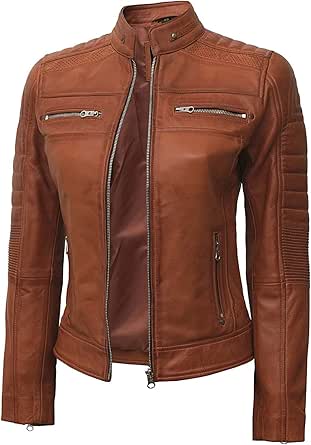 fjackets Real Leather Jacket Women - Cafe Racer Natural Grain Stand Collar Womens Motorcycle Jackets