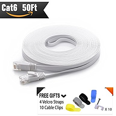 Cat 6 Ethernet Cable 50ft White (At a Cat5e Price but Higher Bandwidth) Flat Internet Network Cables - Cat6 Ethernet Patch Cable - Cat6 Computer Lan Cable Short with Snagless RJ45 Connectors