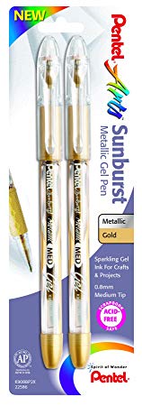 Pentel Arts Sunburst Metallic Gel Pen, Medium Line, Permanent, Gold Ink, 2 Pack (K908BP2X)