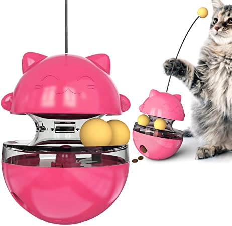 Cat Tumbler Fortune Cat Treat Toy, Interactive Self-Playing Food,Pet Toy Ball, Treat Dispensing Cat Dog Toy Ball, Cat Slow Feeder, IQ Food Toys Ball (Pink)