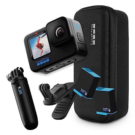 GoPro HERO10 Action Camera with Free Swivel Clip, Extra Battery and Tripod Shorty (Black), 1 x Optical Zoom