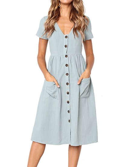 MEROKEETY Women's Summer Short Sleeve V Neck Button Down Swing Midi Dress with Pockets