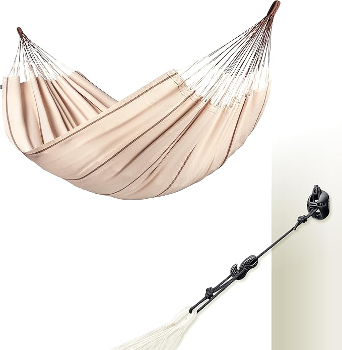 LA SIESTA® Modesta Organic Cotton Hammock & WallMount, Hammock Suspension Kit for Walls Ceilings & Square Beams - Indoor Outdoor Hammock, Large Hammock Bed 2 Person Hammock - Double Hammock, Nougat