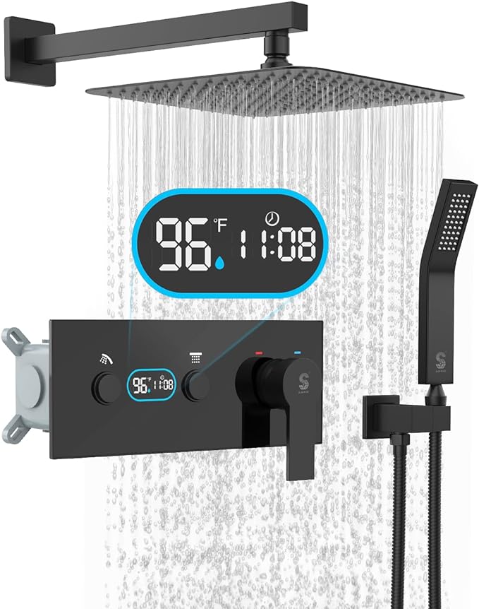 LED Digital Display Shower System - SR SUNRISE 10 Inch High Pressure Shower Head and Handheld, Thermostatic Valve, Luxury Rainfall Shower Faucet Perfect for Bathroom Remodel, Matte Black