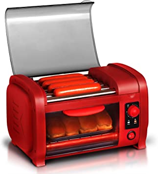 Maxi-Matic Hot Dog Toaster Oven, 30-Min Timer, Stainless Steel Heat Rollers Bake & Crumb Tray, World Series Baseball, 4 Bun Capacity, Red