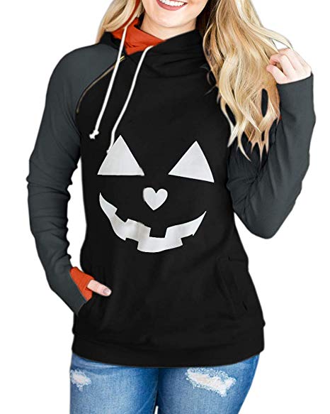 Karlywindow Womens Halloween Pumpkin Face Long Sleeve Slouchy Sweatshirts Pullover