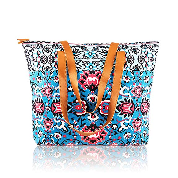 Tote Bag for Women Canvas Floral Handbag Shoulder Bag with Zipper for School,Work,Shopping