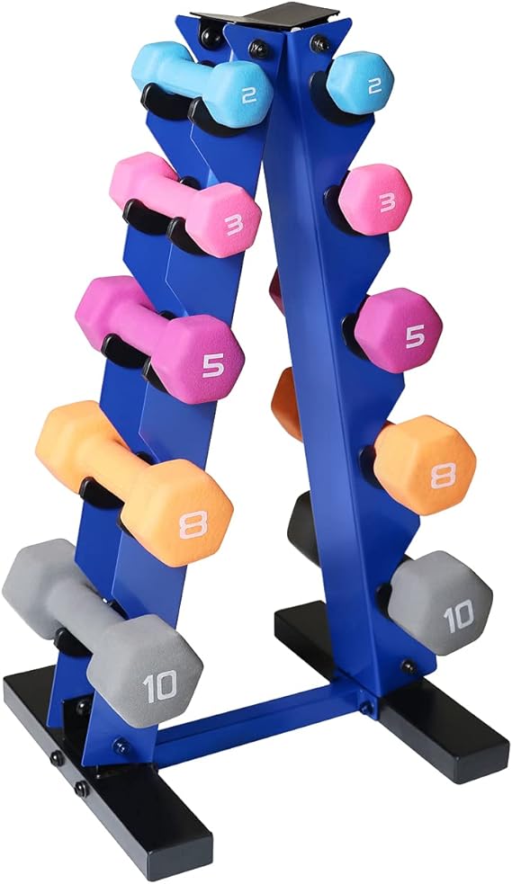 WF Athletic Supply Neoprene Coated Dumbbell Set with A Frame Storage Rack, Non-Slip Grip & Hexagon Shape, Space Saving Home Gym Equipment, Color Options Available