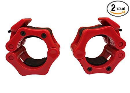 Pair of 2 Inch Olympic Size Locking Barbell Lock Collar with Quick Release Red Secure Snap Latch
