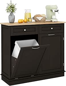 Giantex Tilt Out Trash Cabinet 11 Gallon, Wooden Laundry Room Cabinet, 2 Drawers, Storage Cabinet, Recycling Trash Cabinet, Kitchen Island with Garbage Can Holder, 39.5" x 14" x 35.5", Brown