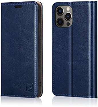 Belemay Compatible with iPhone 12/12 Pro Wallet Case 5G (6.1") Genuine Cowhide Leather Folio Flip Cover [RFID Blocking] Credit Card Holder [Soft TPU Shell] Kickstand Function Folding Case, Navy Blue
