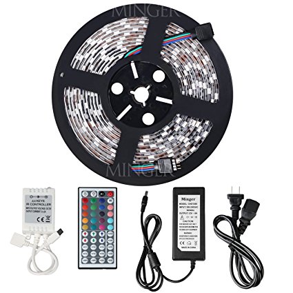 Minger Waterproof LED Strip Light 16.4ft 300leds RGB SMD 5050 with 44-keys IR Remote Controller & 5A Power Supply for Home Lighting, Kitchen, Christmas, Indoor & Outdoor Decoration