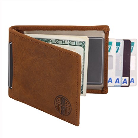 Win&Income RFID Blocking Slim Wallet with Money Clip,Genuine Leather Bifold Thin Minimalist Front Pocket Wallets for Men